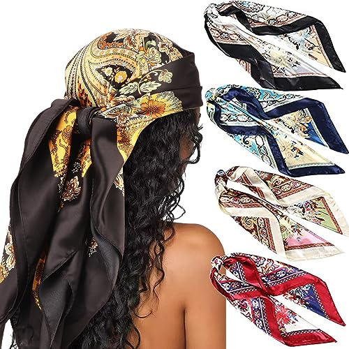 DRESHOW 90x90cm Große Quadratische Schals für Damen 4 Stück Seide Kopftuch Bandanas Haartuch Halstuch Haarschmuck