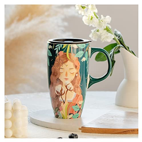 HASMI Coffee Mug Large-Capacity Mug Ceramic Cup Hand-Painted Office Water Cup with Lid Spoon Home Girl Coffee Cup Teacups (Color : C)