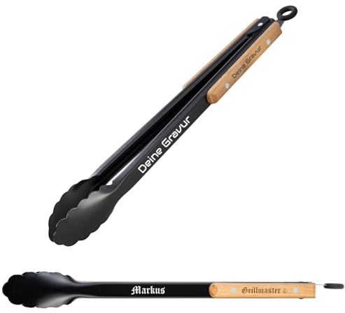 Schmalz® Grillzange MANISA mit Gravur | Bambus/Edelstahl | personalisiert | Grillbesteck | Namen Wunschtext | Papa | Opa | Geschenk | Geschenkverpackung | Holzgriff (Braun-schwarz)
