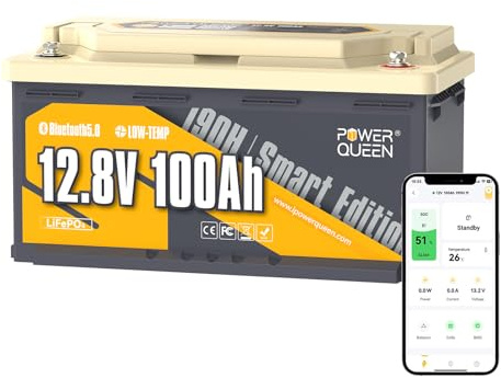 Power Queen 12V 100Ah H190 Batería LiFePO4 Bluetooth,Litio para RV y Solar | 100A BMS,Protección contra Bajas Temperaturas,DIN H8 L5,4000+Ciclos Profundos,1280Wh para Energía solar,Fuera de la Red
