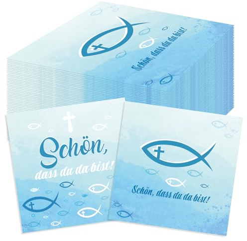 HOWAF 40 Servietten Kommunion Deko, Servietten Fisch Serviette Konfirmation Servietten Schön Dass Du Da Bist Papierservietten Tissue für Tischdeko Kommunion, Erstkommunion, Taufe, Konfirmation Deko