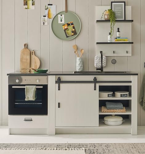Furn.Design Küche Küchenzeile weiß Pinie und grau/anthrazit 200 cm Singleküche Küchenschrank Set 3-teilig mit Herdumbauschrank, Küchenschrank und Küchenregal Stove (Set 4)