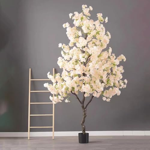 Kunstbaum Im Freien Kirschblüten-Kunstbäume für Die Inneneinrichtung, Dekorativer Kunstbaum mit Kirschblüten & Pflanzgefäß, Naturgetreuer Kirschtopf für den Eingangsbereich(Color:Light Yellow,Size:H 5