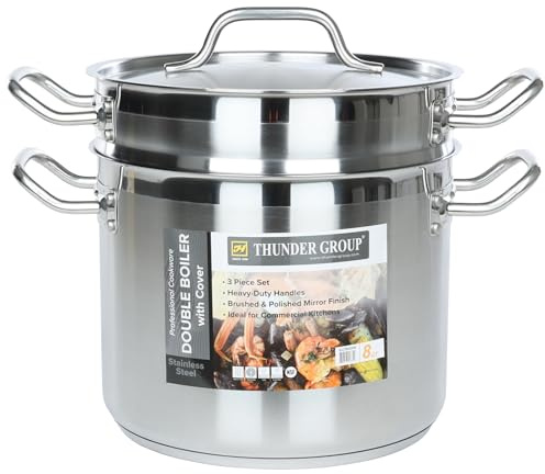 Thunder Group SLDB4008 3-Piece 8 Qt Double Boiler Set with Encapsulated Base for Restaurant Cafeteria | Induction Gas Electric Cooktop Safe | 10D x 7-5/8H, 8-7/8D x 7-1/4, Stainless Steel | NSF
