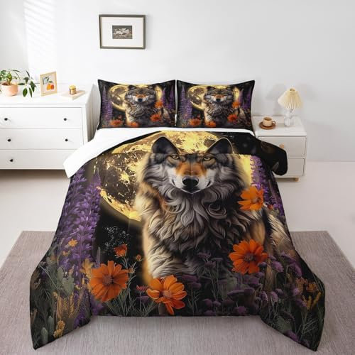 Castle Fairy Wildlife Wolf Comforter Set for Kids Adults,Vinatge Jungle Night 3D Wolf Moon Bedding Comforter Sets Queen,Rustic Lavender Watercolor Flowers Quilt Comforter with 2 Pillowcases