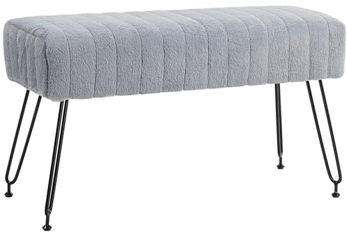 HOMCOM Schuhbank mit Sitzfläche, Sitzbank mit Kunstfell-Optik, Metallbeine, Polsterbank, Garderobenbank für Schlafzimmer, Wohnzimmer, Flur, 82 x 30 x 47 cm, Grau
