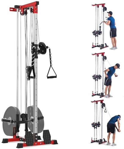 GarveeLife Wall Mount Lat Tower, Lat Pulldown & Row Machine, 20-Position Cable Crossover, Total Body Training, Red