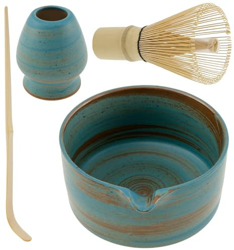 4Pcs Japanese Matcha Tea Set - Ceramic Bowl with Bamboo Whisk, Holder and Scoop Traditional Tea Ceremony Kit (F)