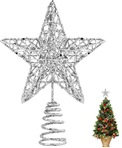 KEYIDO Small Christmas Tree Topper, Silver 3D Hollow Glitter Tree Star, 6 Inch Metal Mini Christmas Treetop Star for Xmas Tree Topper Ornaments Christmas Home Decorations