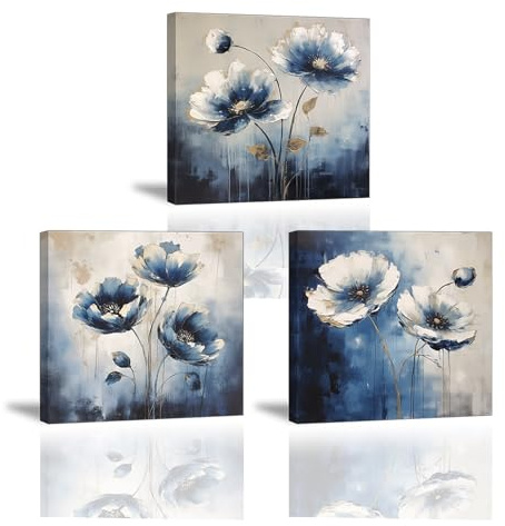 PIY PAINTING Stampa Su Tela Blu e Bianca, Arte Murale Con Fiori, Quadro Su Tela Minimalista, Facile Da Appendere Per Camera Da Letto Soggiorno Bagno Corridoio, 3 Pezzi, 30x30 cm/90 X30 cm
