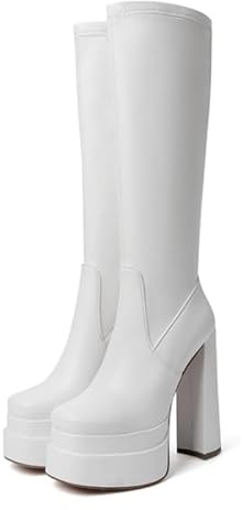 Meinabsatz Plateau Stiefel Blockabsatz Langschaft Kniehohe Damenstiefel High Heels Boots Karree Spitze Glattoptik Weiß 46 EU