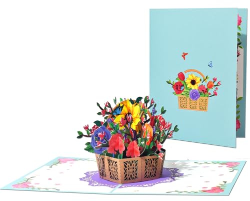 Rosen und Schwertlilienblumenkorb Pop Up, Papier Blumenstrauß Grußkarten mit leerer Notizkarte und Umschlag, zur Feier von Liebe, Feiertag, Geburtstagen, Jahrestag, Valentinstag, Muttertag, Hochzeit