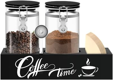 MACIFECI Glass Coffee Containers with Shelf Coffee Station Organizer 54oz Black Glass Coffee Bar Accessories Coffees Filter Holder for Kitchen Organization Coffees Bean Storage Canister