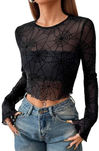 SamHeng Damen Transparent Spinnennetz-Print Langarm Oberteil Sexy Mesh Langarmshirt Durchsichtig Spinnennetz Crop Top Slim Fit Ausgestellte Ärmel T-shirt Blusenoberteil Netzoberteil Streetwear