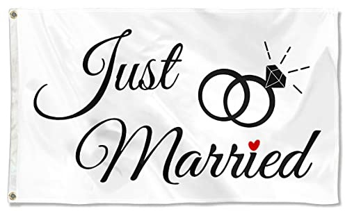Just Married-Flagge, UV-beständig, doppelseitig und doppelt genäht, 150D-Polyester, 90 x 150 cm, Weiß