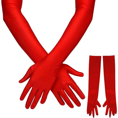 1 Paar Rote Handschuhe Lang,Handschuhe Elegant Damen,Rot Lang Gloves,Handstulpen Satin Classic Frauen Abendhandschuhe,Gothic Seidenhandschuhe für Oper Party Halloweenkarneval Kostüm,Stoffhandschuhe