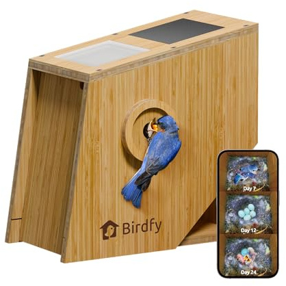 Smart Bird Houses for Outside, Solar Powered 1080P FHD Live Stream Bird House with Camera, Wild Bird Nesting and Hatching, Blue Bird House with Camera Inside, Ideal Gift (Origin Wooden)