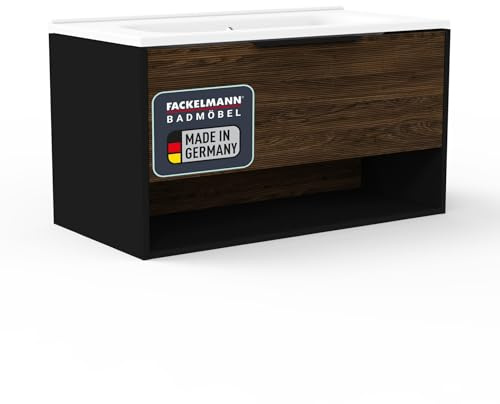 FACKELMANN B.Paris Waschbecken mit Unterschrank – Elegantes Möbel-Set in Schwarz und Dunkelbraun, 91cm, Gussmarmorbecken, 1 Schublade, beleuchtetes Fach mit Bewegungsmelder – Made in Germany