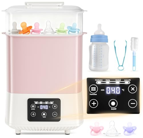 4-in-1 Baby Bottle Steriliser and Dryer Holds 8 Bottles and Pacifiers, Electric Steam Steriliser for Baby Bottles, Breast Pump Parts, Milk & Food Warmer (Pink & White)