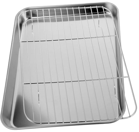 GRIRIW Set Teglia Da Forno Con Rete in Acciaio Resistente 2 Pezzi, Teglia Rettangolare Antiaderente Con Supporto Per Cottura e Raffreddamento, Adatta Per Carne, Pizza e Biscotti
