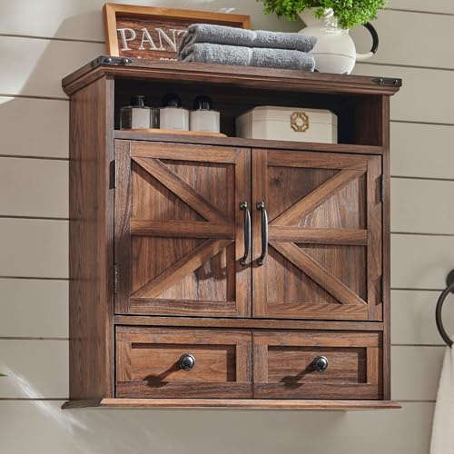 AetherWood Badezimmer-Wandschrank, Landhaus-Medizinschrank, 24 Zoll breiter Schrank mit Schublade, verstellbarem Regal, doppelten Flügeltüren, Aufbewahrungsschrank für Badezimmer, Küche, braun