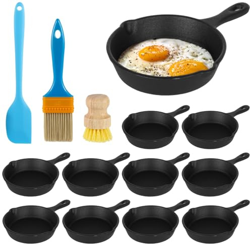 Juego de 10 mini sartenes de hierro fundido, sartenes de 4 pulgadas con espátula, cepillo de aceite y cepillo para fregar, sartenes antiadherentes pequeñas para cocinar en interiores y exteriores