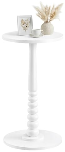 VASAGLE Mariel Colección – Mesa Auxiliar Redonda, Mesa para Bebidas, para Espacios Pequeños, Patas de Madera, Estilo Rústico, para Salón y Dormitorio, Blanco Nube LET293WB02