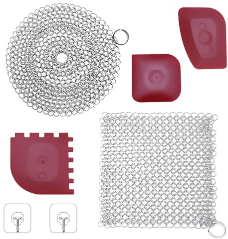 2 Stück Gusseisenreiniger Aus Edelstahl, Ringreiniger mit Robustem Grillschaber aus Kunststoff und Selbstklebenden Haken Gusseisen Reiniger für Reinigen von Dutch Oven Zubehör anderen Utensilien