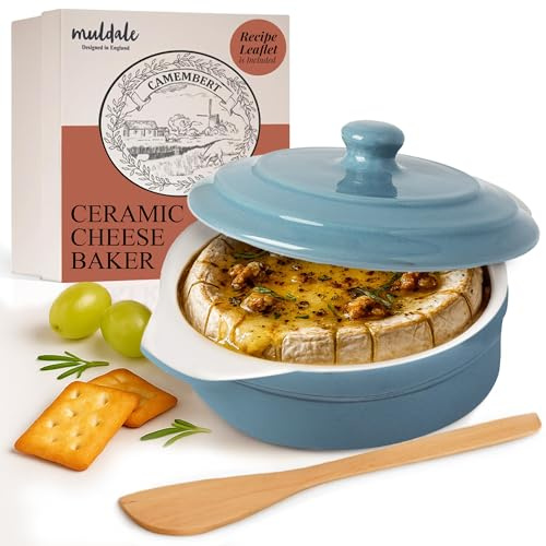 Muldale Camembert Baking Dish with Lid Gift Set - Cheese Baker in Blue - Lead Free Brie Baking Dish - Ceramic Camembert Baker - 14cm - With Spreader and Box