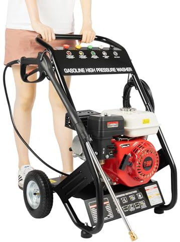 Fyssnn Limpiador de alta presión de gasolina de 7,5 CV, con 5 boquillas, motor de 4 tiempos y manguera de 8 m, limpiador a presión portátil para coche, terraza, patio, casa y obra