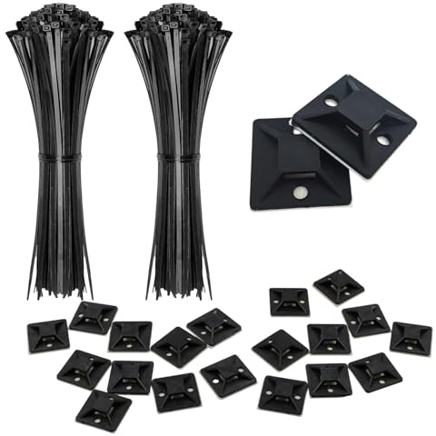 400 Pièces De Plastique Embases Adhesive Pour Attache De Cable 28,5 X 28,5 Mm Serre-Câbles Auto Adhésif Plus 200 Attaches De Câble En Nylon (150 Mm De Long) Pour La Fixation Des Câbles Noires