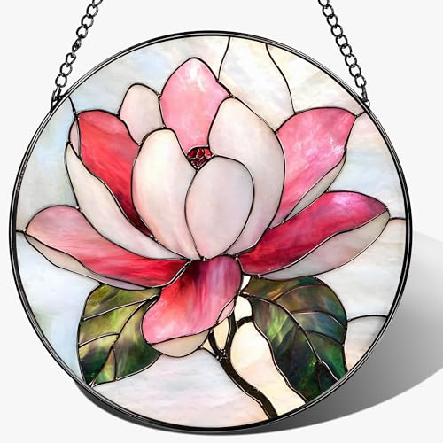 8-Inch Stained Glass Ornament, Stained Glass Window Hanging, Window Hanging Decor Suncatcher, Magnolia Flower Ornament | Holiday, Mother's Day, Birthday | Gifts for Nature and Garden Lovers