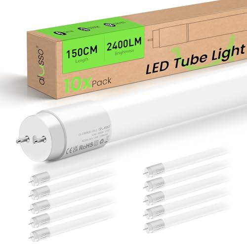 ALUSSO LED Röhre 150cm 6000K Kaltweiß, 24W T8 Leuchtstoffröhre 10-er Pack | Hohe Helligkeit 2400LM ersetzen 48W, Inklusive G13 Starter, 210° Abstrahlwinkel, Geeignet für Büros, Garagen, Lagerhallen