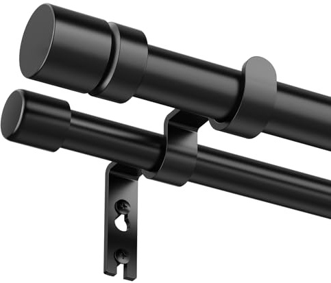 Double Curtain Rod for Windows 48 to 84 1 Inch Heavy Duty Decorative Drapery Rod with 5/8 Inch Adjustable Small Black Curtain Rods for Living Room Bedroom(32-90)