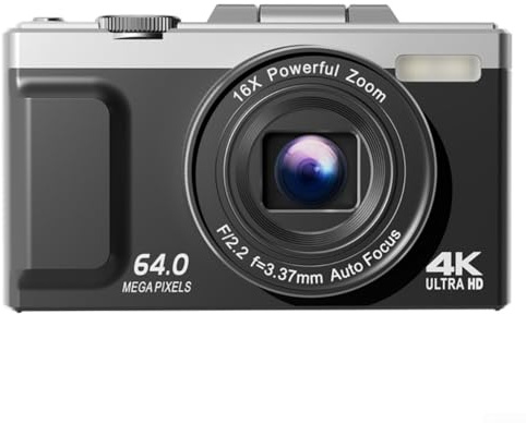 Cámara digital retro 4K, resolución de 64MP, zoom 16X, pantalla abatible de 3 pulgadas, foto, video, filtro de flash multifunción (negro)