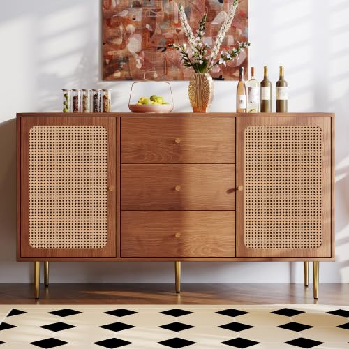 Merax Sideboard im Vintage-Look – Walnussfarben Kommode mit 3 Schubladen, verstellbarem Fachboden und magnetischen Türen – Mehrzweckschrank für Wohnzimmer, Schlafzimmer und Flur