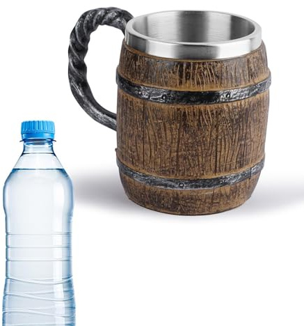 Générique Beer Mug - Old Fashioned Handmade Wooden Barrel 16oz Drinking Tankard Stainless Steel Lined Drinking Tankard | Coffee Mug Gift for Men Women