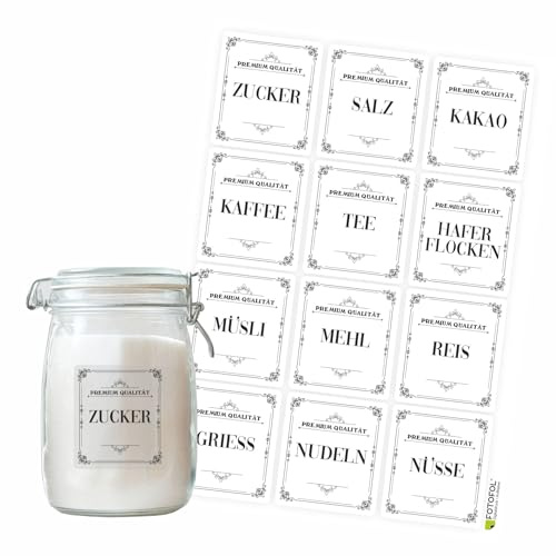 FOTOFOL transparente Aufkleber für Haushalt Küche - Aufkleber Vorratsdose in der Küche für mehr Ordnung - Aufkleber Zucker, Salz, Kakao, Kaffee, Tee, Mehl, Müsli, Nudeln (Style1 - schwarz)