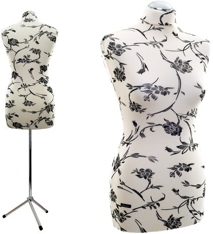 LUCCESI - Schneiderpuppe | Zum Probierpreis! | Größen S - XL (Female ♀) | Torso Size: M/L (38-40) | Wechselbezug Creme-Weiss/florales Muster (schwarz) | Metall-/Dreibein (Chrom) | Schaufensterpuppe