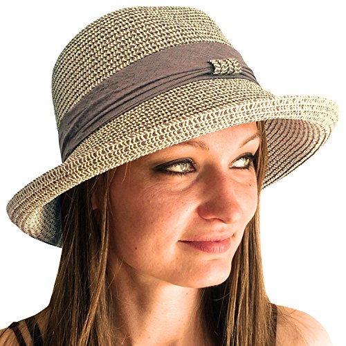 TOSKATOK® Ladies Womens Adjustable Summer Sun Hat Fashion Foldable Roll Brim Trilby Bowler Brown/Beige- Size 7-7 1/4