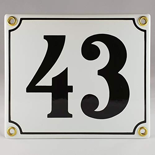 Emaille Schild Hausnummer 43 Schwarz-Weiß Handarbeit