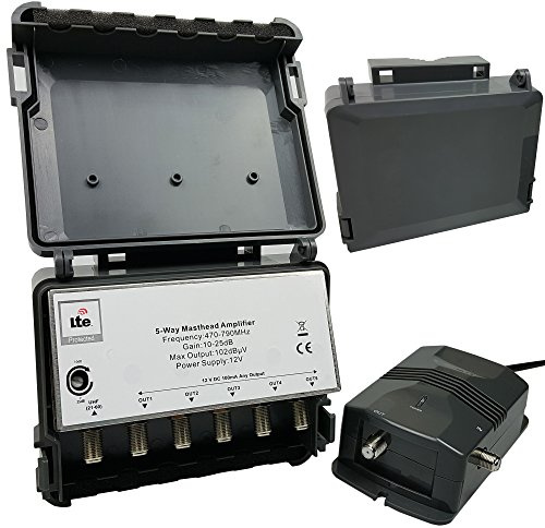 Amplificateur d'extérieur à 5 ports | Amplificateur d'antenne de sortie 5 voies et unité d'alimentation (PSU) | Répartiteur de signal de type F | DC 4G LTE TV numérique Home | Loops