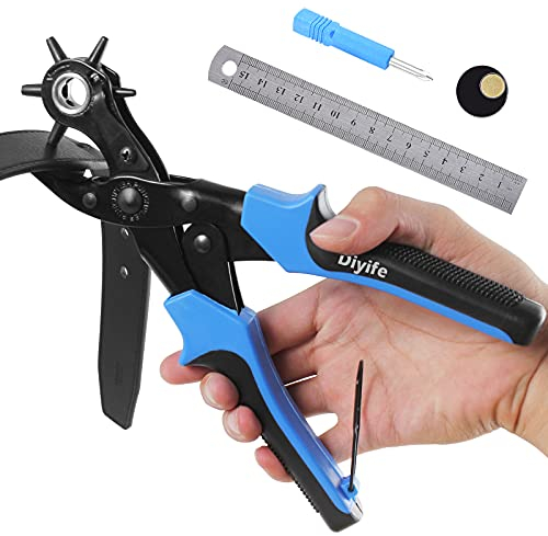 Sacabocados para Cuero, [Juego Completo] Diyife Agujeros Cinturon,Sacabocados,Punzón de Cinturón, Herramienta de Alicate para Trabajo Pesado Múltiple Tamaño para Tarjeta, Goma, (Azul)