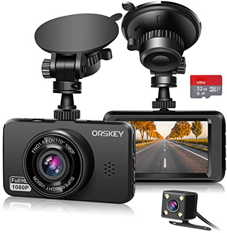 ORSKEY Dash Cam Doppia Telecamera per Auto e Scheda 32GB SD inclusa 1080P Full HD Videocamera Dashcam 170° con Registrazione Loop e Sensore-G