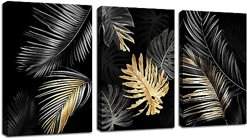 FajerminArt 3 Teilig Leinwandbilder Bilder Abstrakt Schwarzes Gold Baum bild auf leinwand Wandkunst Modern Wandbilder Kunstdruck Deko für Wohnzimmer Schlafzimmer fertig zum Aufhängen 120x60cm(40x60x3)