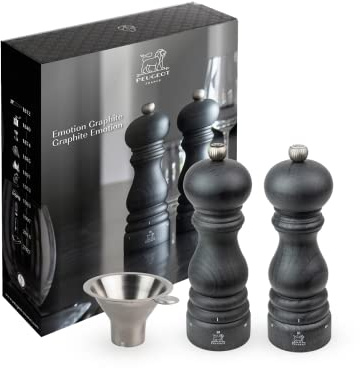 PEUGEOT - Paris Graphite Gift Set - 18 cm Pepper Mill + 18 cm Salt Mill + Spice Funnel - u'Select Adjustment - PEFC-Certified Wood - French Manufacturing - Graphite Colo