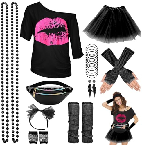 WILDPARTY 80er Jahre Outfit Damen Set, T-Shirt, Tutu, Gürteltasche, Stirnband, Ohrring, Halskette, Netzhandschuhe, 80er Jahre Kleidung Kostüm Neon Accessoires Party Karneval Clothes-80SMouth-Black-XL