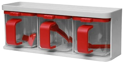 3 Piece Plastic Gourmet Seasoning Box With Tray Set Condiment Jar set With Lid & Spoon Clear Spice Pots Spice Jars Dispenser Tea Coffee Sugar Salt Herb Storage Canister Cruet (Ivory/Red)