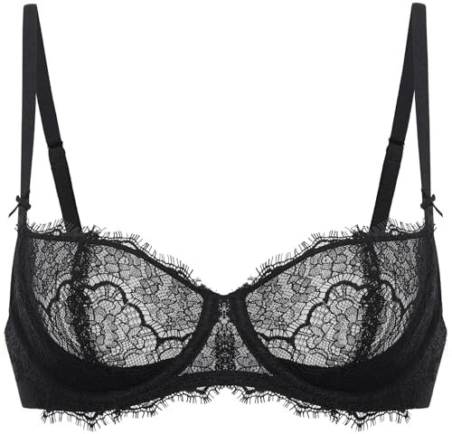 DOBREVA Femme Soutien Gorge Balconnet Push Up avec Armatures Dentelle Sexy Grande Taille Noir 85A