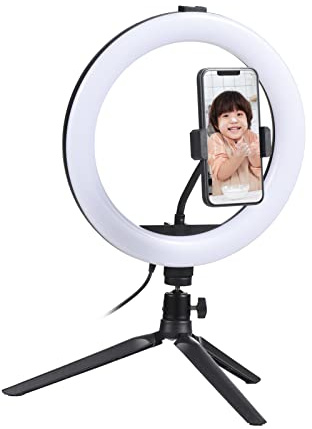 Anillo de luz LED de 10 pulgadas, iluminación de videoconferencia, 3 modos de iluminación, 11 niveles de brillo ajustable, alimentado por USB con trípode de mesa + soporte flexible para teléfono +